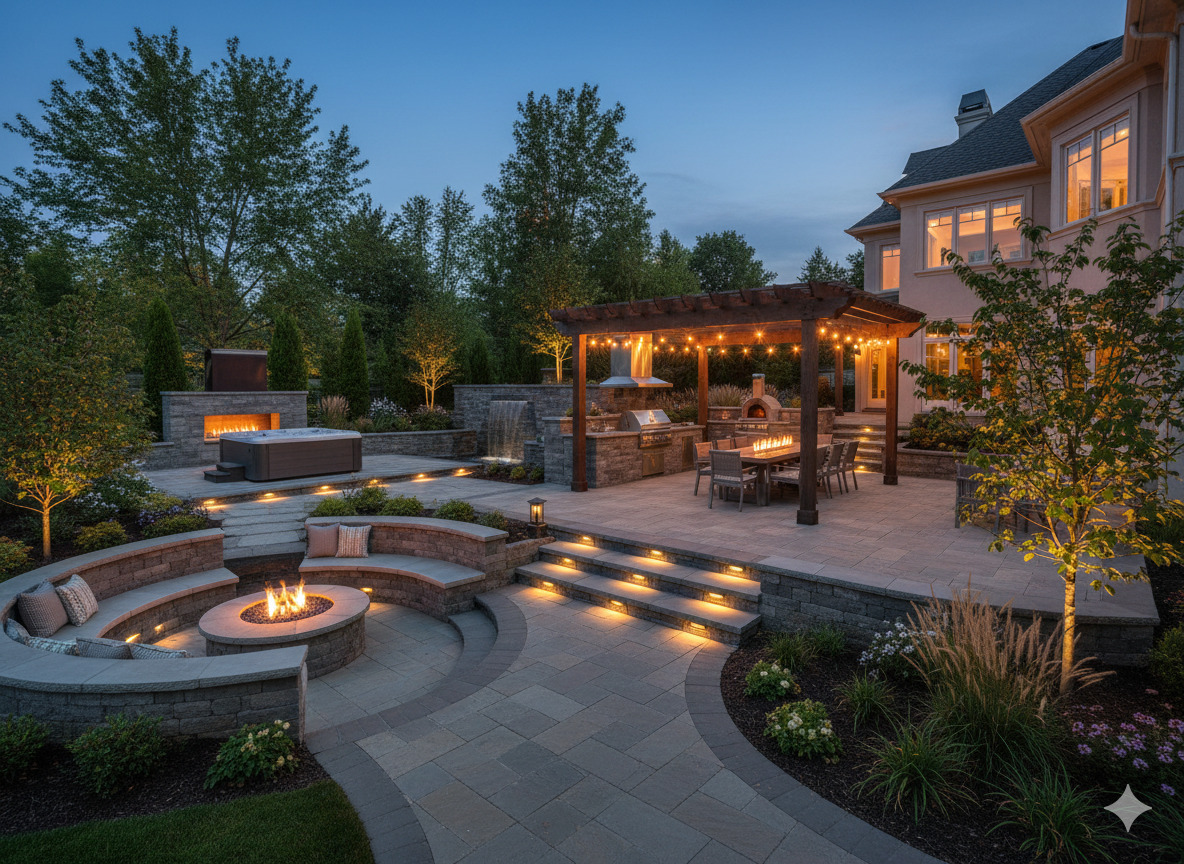 Professional hardscaping with patios and outdoor entertainment areas