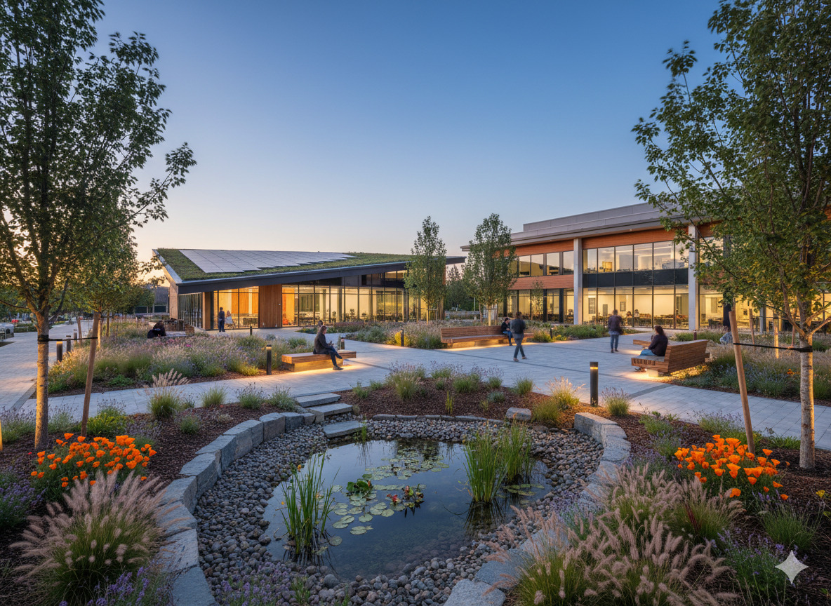 Commercial property landscape with sustainable design elements